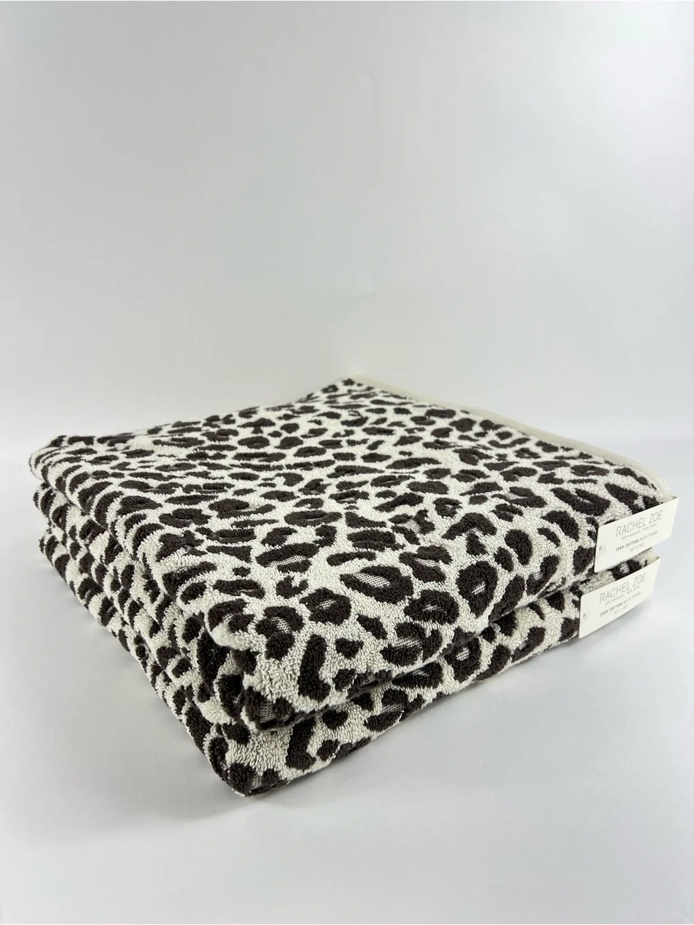 Rachel Zoe Leopard Bath Towel Set Brown Cream Animal Print Soft Cotton 2 Pc NEW